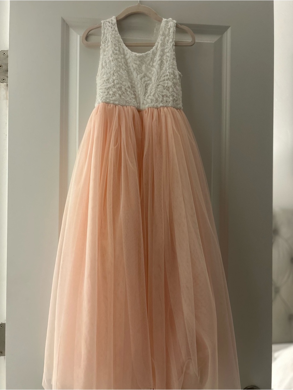 Girls' Sleeveless Lace Bodice Tulle Dress - White & Peach